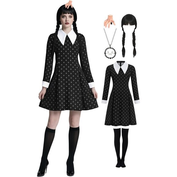 Dresses & Skirts - Women Girls Black Dress Halloween Costume Set Accessories Wig Necklace Socks